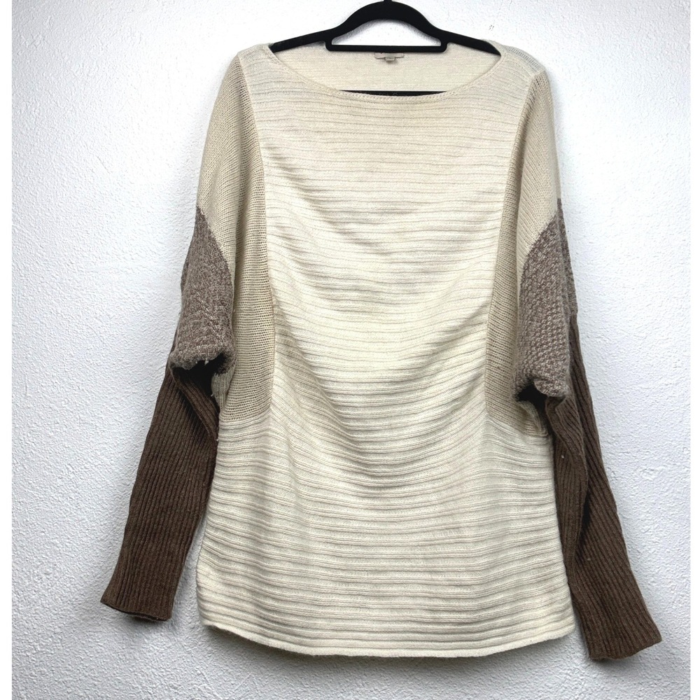 Cremieux Cream Brown Colorblock Sweater - L - Rabbit Hair Blend Boho Cozy Ribbed